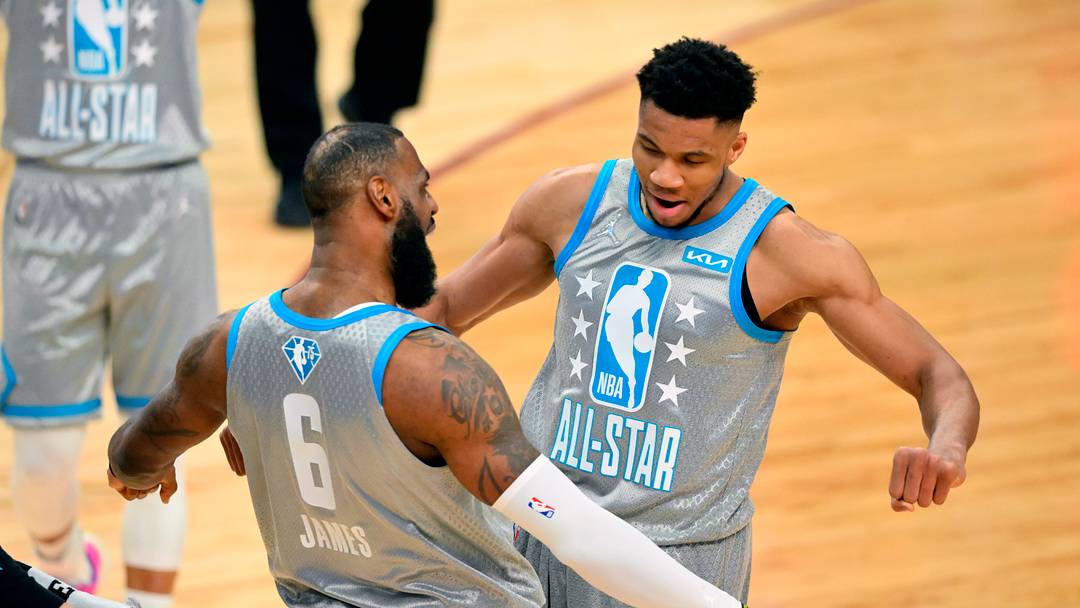 Feb 20, 2022; Cleveland, Ohio, USA; Team LeBron forward LeBron James celebrates after making the game winning shot with Team LeBron forward Giannis Antetokounmpo (34) during the 2022 NBA All-Star Game at Rocket Mortgage FieldHouse. Mandatory Credit: David Richard-USA TODAY Sports Feb 20, 2022; Cleveland, Ohio, USA; Team LeBron forward LeBron James celebrates after making the game winning shot with Team LeBron forward Giannis Antetokounmpo (34) during the 2022 NBA All-Star Game at Rocket Mortgage FieldHouse. Mandatory Credit: David Richard-USA TODAY Sports