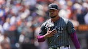 Aug 3, 2025; New York City, New York, USA;  New York Mets starting pitcher Frankie Montas (47) reacts while walking off the field after the top of the first inning against the San Francisco Giants at Citi Field. Mandatory Credit: Vincent Carchietta-Imagn Images