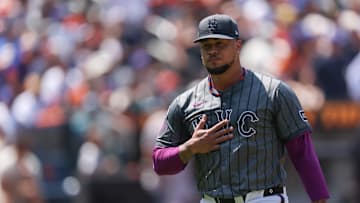 Aug 3, 2025; New York City, New York, USA;  New York Mets starting pitcher Frankie Montas (47) reacts while walking off the field after the top of the first inning against the San Francisco Giants at Citi Field. Mandatory Credit: Vincent Carchietta-Imagn Images
