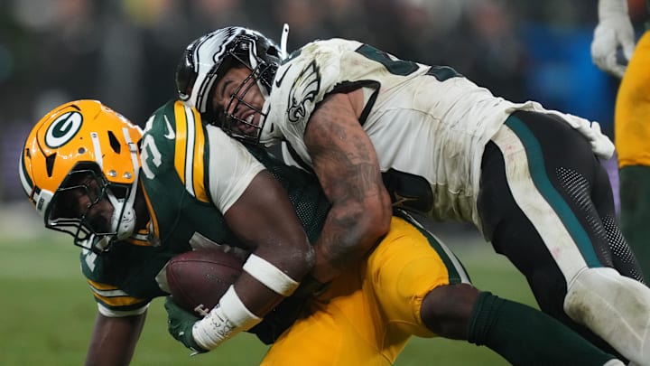 Sep 6, 2024; Sao Paulo, BRA; Philadelphia Eagles linebacker Zack Baun (53) tackles Green Bay Packers running back Emanuel Wilson (31) during the second half at Neo Quimica Arena. 