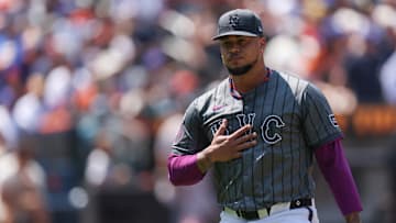 Aug 3, 2025; New York City, New York, USA;  New York Mets starting pitcher Frankie Montas (47) reacts while walking off the field after the top of the first inning against the San Francisco Giants at Citi Field. Mandatory Credit: Vincent Carchietta-Imagn Images
