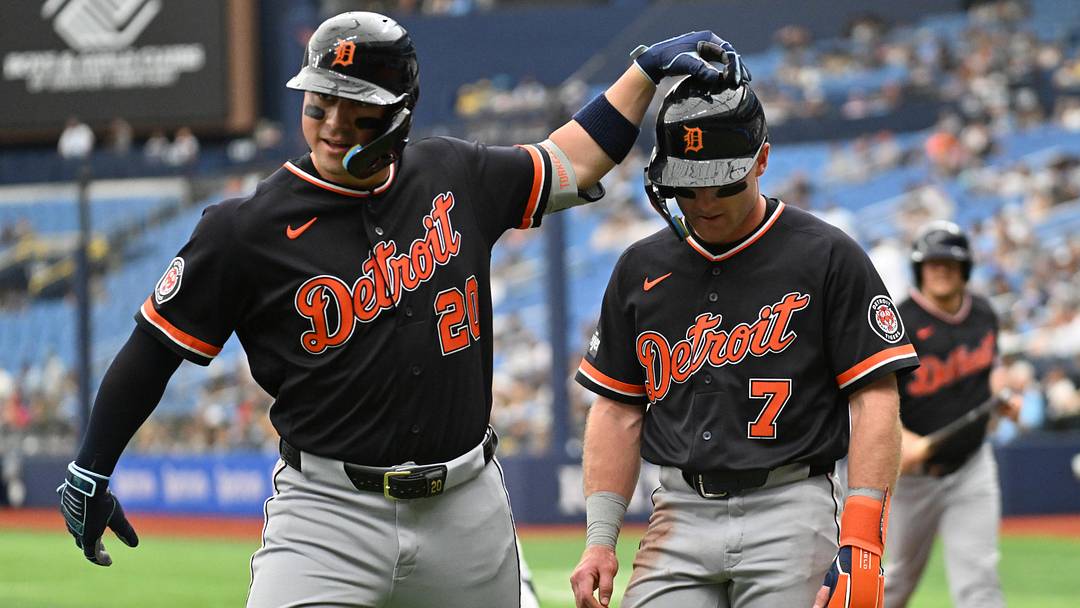 Detroit Tigers shortstop Kevin McGonigle (7) celebrates with first baseman Spencer Torkelson (20) after scoring a run in the third inning against the Tampa Bay Rays at Tropicana Field. Mandatory Credit: Jonathan Dyer-Imagn Images Detroit Tigers shortstop Kevin McGonigle (7) celebrates with first baseman Spencer Torkelson (20) after scoring a run in the third inning against the Tampa Bay Rays at Tropicana Field. Mandatory Credit: Jonathan Dyer-Imagn Images
