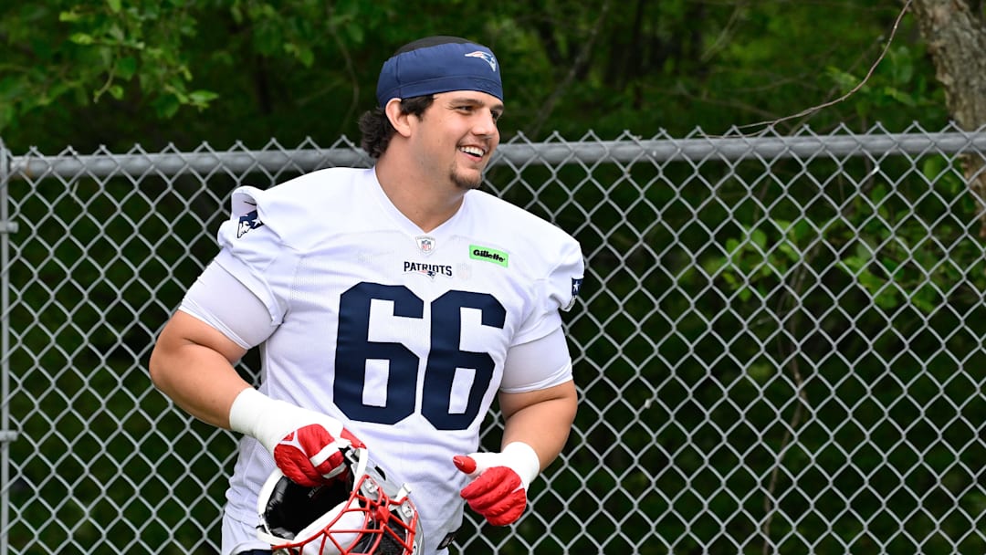 Jun 9, 2025; Foxborough, MA, USA; New England Patriots offensive tackle Will Campbell (66) jogs to the practice fields at Gillette Stadium. Mandatory Credit: Eric Canha-Imagn Images