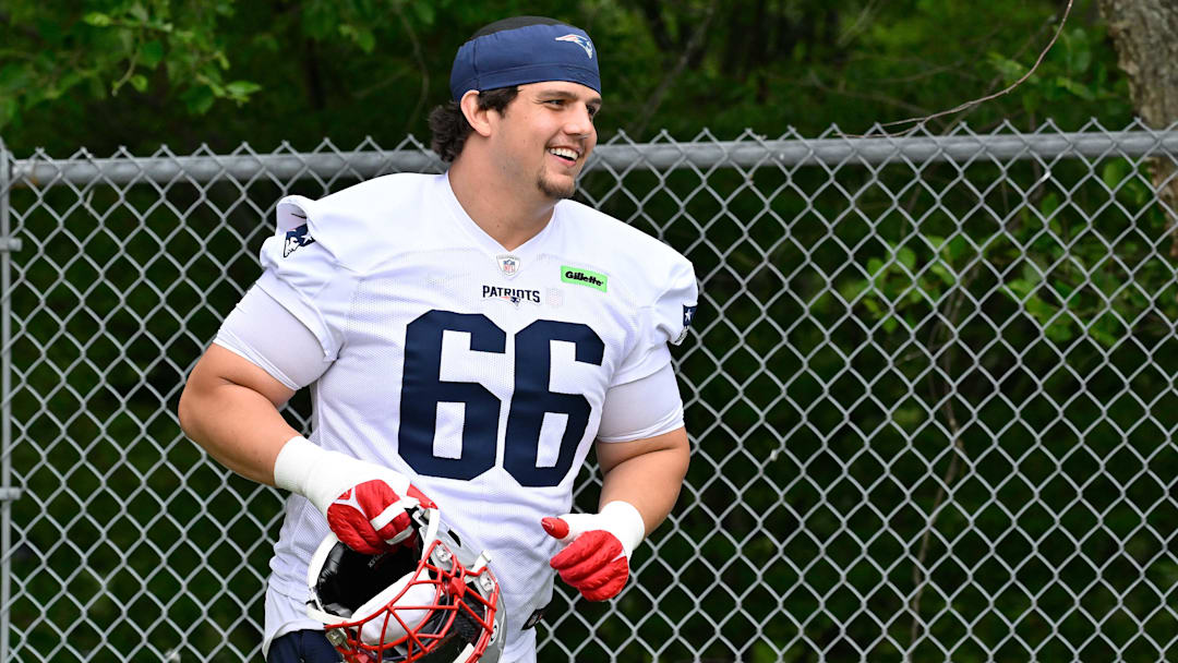 Jun 9, 2025; Foxborough, MA, USA; New England Patriots offensive tackle Will Campbell (66) jogs to the practice fields at Gillette Stadium. Mandatory Credit: Eric Canha-Imagn Images