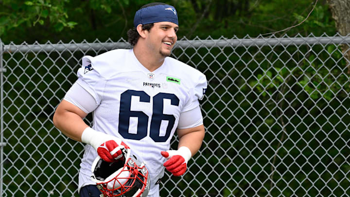 Jun 9, 2025; Foxborough, MA, USA; New England Patriots offensive tackle Will Campbell (66) jogs to the practice fields at Gillette Stadium. Mandatory Credit: Eric Canha-Imagn Images