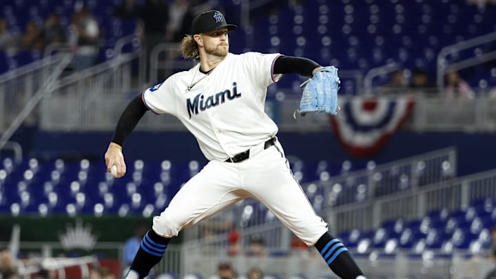 Mar 30, 2026; Miami, Florida, USA;  Miami Marlins starting pitcher Chris Paddack (33) pitches against the Chicago White Sox during the first inning at loanDepot Park. Mandatory Credit: Rhona Wise-Imagn Images