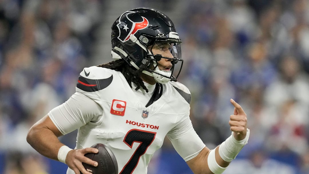 Houston Texans quarterback C.J. Stroud (7) looks to pass Sunday, Nov. 30, 2025, during a game against the Indianapolis Colts at Lucas Oil Stadium in Indianapolis.