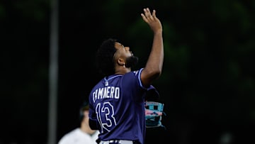 Aug 13, 2025; West Sacramento, California, USA; Tampa Bay Rays third baseman Junior Caminero (13) celebrates after the game against the Athletics at Sutter Health Park. Mandatory Credit: Sergio Estrada-Imagn Images
