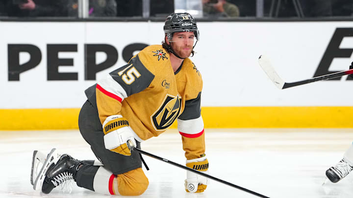 Apr 21, 2026; Las Vegas, Nevada, USA; Vegas Golden Knights defenseman Noah Hanifin (15) reacts after blocking a Utah Mammoth shot during the second period of game two of the first round of the 2026 Stanley Cup Playoffs at T-Mobile Arena. Mandatory Credit: Stephen R. Sylvanie-Imagn Images