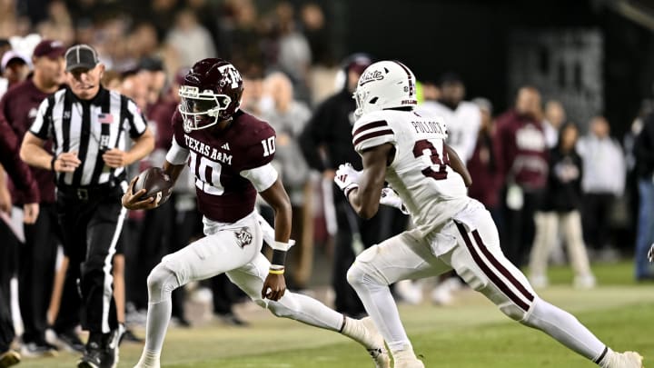 Nov 11, 2023; College Station, Texas, USA; Texas A&M Aggies quarterback Marcel Reed (10) runs the ball during the fourth quarter against the Mississippi State Bulldogs at Kyle Field. Mandatory Credit: Maria Lysaker-USA TODAY Sports