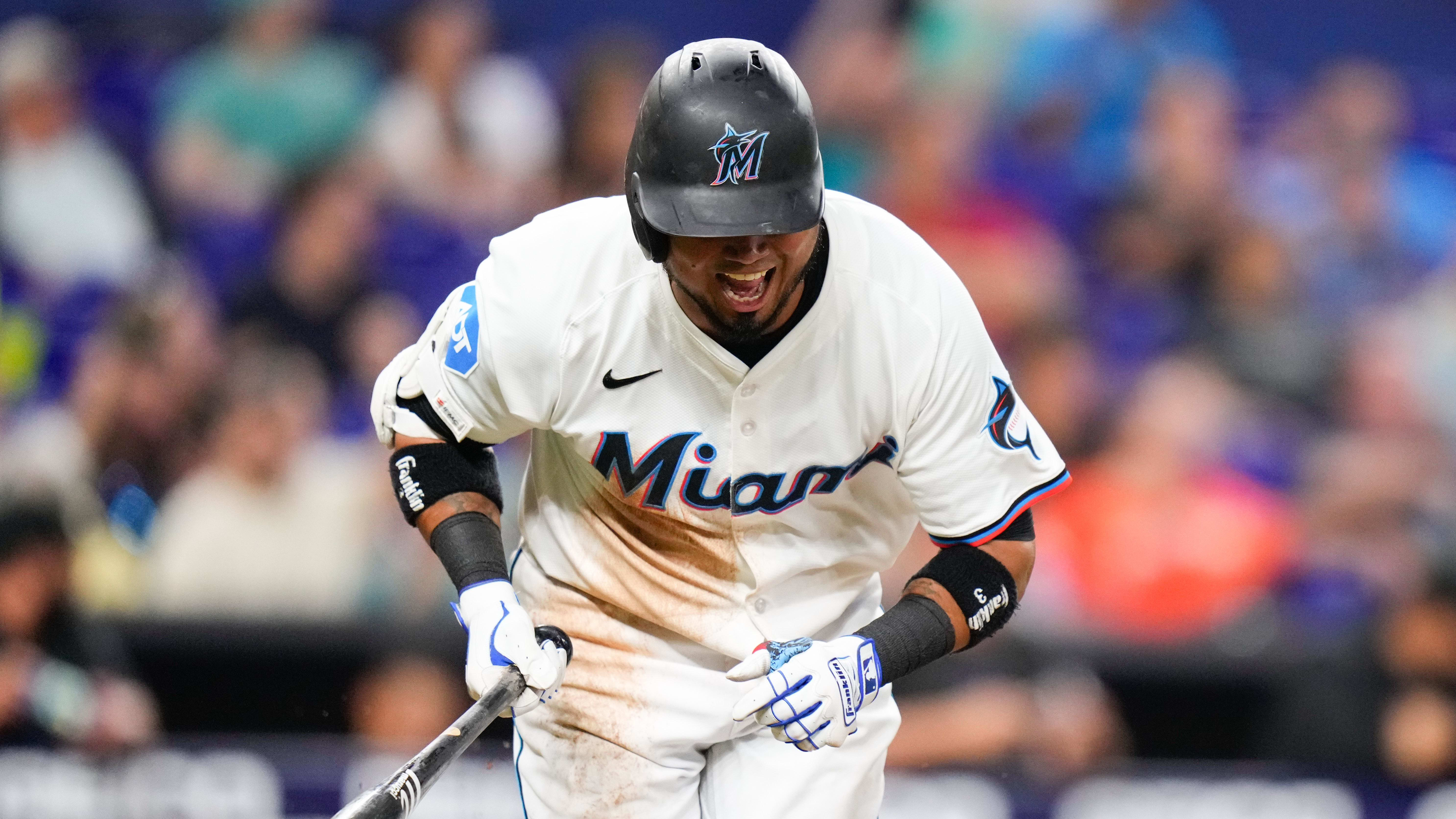 Apr 1, 2024; Miami, Florida, USA; Miami Marlins second baseman Luis Arraez (3) reacts after an at-bat vs. the LA Angels.