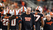 Oct 18, 2025; Corvallis, Oregon, USA; Oregon State Beavers interim head coach Robb Akey greets running back Anthony Hankerson (0) after a score during the third quarter against the Lafayette Leopards at Reser Stadium. Mandatory Credit: Craig Strobeck-Imagn Images