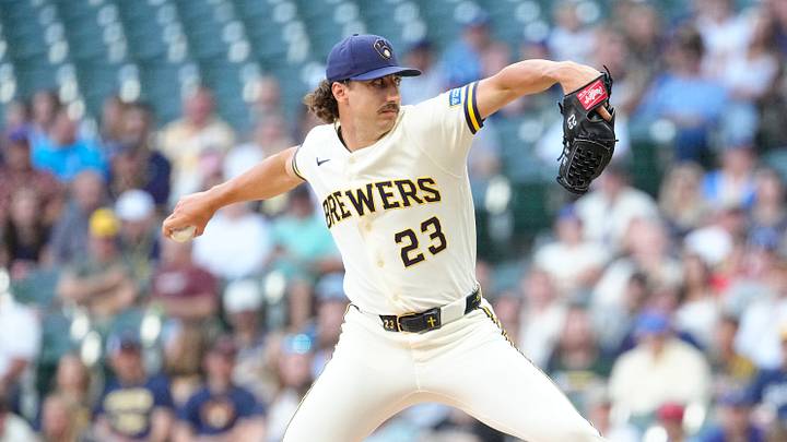 Aug 3, 2026; Milwaukee, Wisconsin, USA; Milwaukee Brewers starting pitcher Brandon Sproat (23) delivers a pitch against the Pittsburgh Pirates in the first inning at American Family Field. Mandatory Credit: Michael McLoone-Imagn Images
