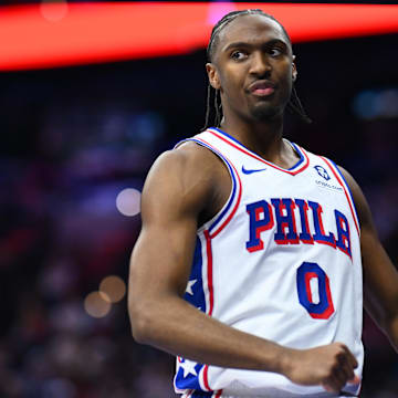 Feb 2, 2025; Philadelphia, Pennsylvania, USA; Philadelphia 76ers guard Tyrese Maxey (0) reacts against the Boston Celtics in the third quarter at Wells Fargo Center. Mandatory Credit: Kyle Ross-Imagn Images