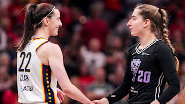 Indiana Fever guard Caitlin Clark (22) and Golden State Valkyries guard Kate Martin (20) at Gainbridge Fieldhouse in Indianapolis.