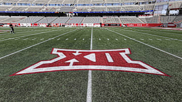 Oct 21, 2023; Houston, Texas, USA;  General view of the Big 12 logo on the field at TDECU Stadium before the game between the Houston Cougars and the Texas Longhorns. Mandatory Credit: Troy Taormina-Imagn Images