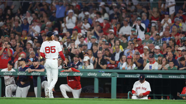 Boston Red Sox starting pitcher Dustin May (85) walks off the field during the fourth inning against the Kansas City Royals at Fenway Park on Aug. 6.