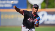 Mar 15, 2024; Port St. Lucie, Florida, USA; Washington Nationals pitcher Jarlin Susana (91) pitches in the fifth inning of the Spring Breakout game against the New York Mets at Clover Park. 