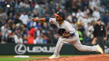 May 27, 2024; Seattle, Washington, USA; Houston Astros relief pitcher Rafael Montero (47) pitches to the Seattle Mariners during the seventh inning at T-Mobile Park. Mandatory Credit: Steven Bisig-USA TODAY Sports