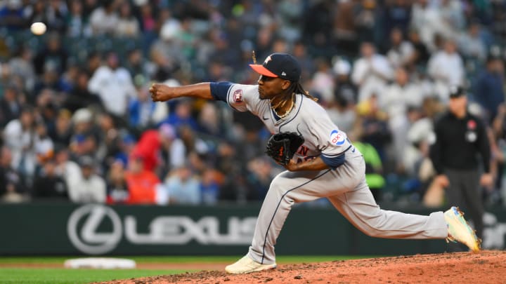 May 27, 2024; Seattle, Washington, USA; Houston Astros relief pitcher Rafael Montero (47) pitches to the Seattle Mariners during the seventh inning at T-Mobile Park. Mandatory Credit: Steven Bisig-USA TODAY Sports