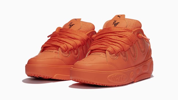 LaMelo Ball's red PUMA sneakers.