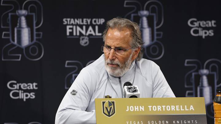 Jun 4, 2026; Raleigh, North Carolina, USA; Vegas Golden Knights John Tortorella during the post game press conference after the loss to the Carolina Hurricanes in game two of the 2026 Stanley Cup Final at Lenovo Center. Mandatory Credit: Nathan Ray Seebeck-Imagn Images