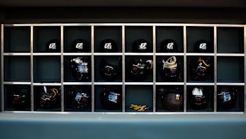 San Diego Padres Triple-A affiliate El Paso Chihuahuas helmets on display at Southwest University Park on Tuesday, April 11, 2023 in El Paso, Texas.