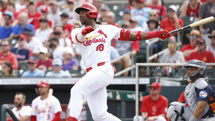 Mar 7, 2024; Jupiter, Florida, USA; St. Louis Cardinals right fielder Jordan Walker (18) follows