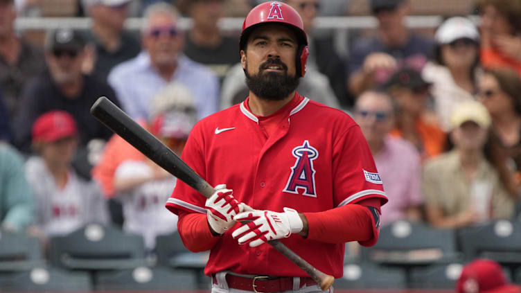 Mar 19, 2023; Scottsdale, Arizona, USA; Los Angeles Angels third baseman Anthony Rendon (6) gets