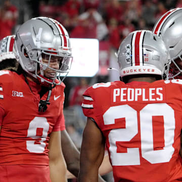 Sept. 7, 2024; Columbus, Ohio, USA;
Ohio State Buckeyes running back James Peoples (20) celebrates with teammates after scoring a touchdown during the second half of an NCAA Division I football game against the Western Michigan Broncos on Saturday at Ohio Stadium.