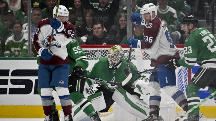 May 15, 2024; Dallas, Texas, USA; Dallas Stars goaltender Jake Oettinger (29) gives up a power play goal to Colorado Avalanche defenseman Cale Makar (not pictured) as right wing Mikko Rantanen (96) and left wing Artturi Lehkonen (62) look on during the second period in game five of the second round of the 2024 Stanley Cup Playoffs at American Airlines Center. Mandatory Credit: Jerome Miron-USA TODAY Sports