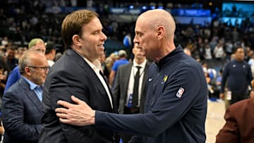 Mar 5, 2024; Dallas, Texas, USA; Indiana Pacers head coach Rick Carlisle (right) talks with Dallas Mavericks governor Patrick Dumont after the game at the American Airlines Center. Mandatory Credit: Jerome Miron-Imagn Images