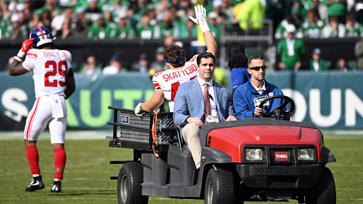 Giants running back Cam Skattebo suffered a dislocated ankle in Sunday's game against the Eagles. Giants running back Cam Skattebo suffered a dislocated ankle in Sunday's game against the Eagles.
