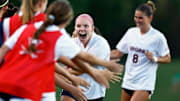Virginia's Kiki Maki Celebrates Allie Ross's opening goal.