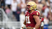 Sep 30, 2023; Chestnut Hill, Massachusetts, USA; Boston College Eagles defensive lineman George Rooks (91) reacts after a sack against the Virginia Cavaliers during the second half at Alumni Stadium. Mandatory Credit: Brian Fluharty-Imagn Images
