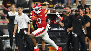 Sep 5, 2025; College Park, Maryland, USA;  Maryland Terrapins tight end Dorian Fleming (9) picks up a first down after a catch in the first half against the Northern Illinois Huskies at SECU Stadium. Mandatory Credit: Jamie Sabau-Imagn Images