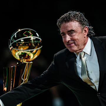 Oct 22, 2024; Boston, Massachusetts, USA; Boston Celtics co-owner Wyc Grousbeck is presents championship rings during the opening night banner raising ceremony before the start of the game against the New York Knicks at TD Garden. Mandatory Credit: David Butler II-Imagn Images