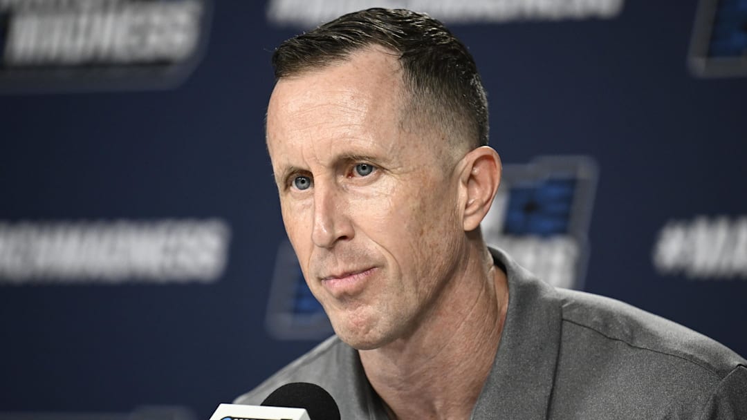 Cal Baptist coach Rick Croy speaks at a press conference before playing Kansas in the 2026 NCAA Tournament at Viejas Arena. 