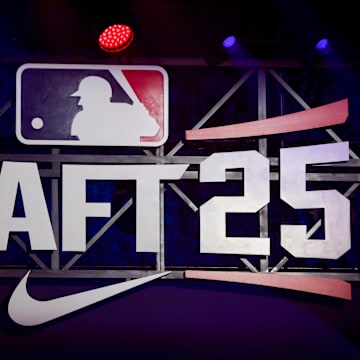 A general view of 2025 MLB Draft signage on the stage at The Coca-Cola Roxy. 