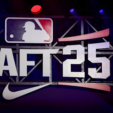 Jul 13, 2025; Atlanta, GA, USA; A general view of MLB Draft signage on the stage at The Coca-Cola Roxy. Mandatory Credit: Brett Davis-Imagn Images