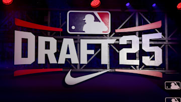 Jul 13, 2025; Atlanta, GA, USA; A general view of MLB Draft signage on the stage at The Coca-Cola Roxy. Mandatory Credit: Brett Davis-Imagn Images