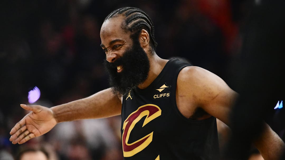 May 3, 2026; Cleveland, Ohio, USA; Cleveland Cavaliers guard James Harden (1) reacts after a play against the Toronto Raptors during the second half of game seven in the first round of the 2026 NBA Playoffs at Rocket Arena. Mandatory Credit: Ken Blaze-Imagn Images