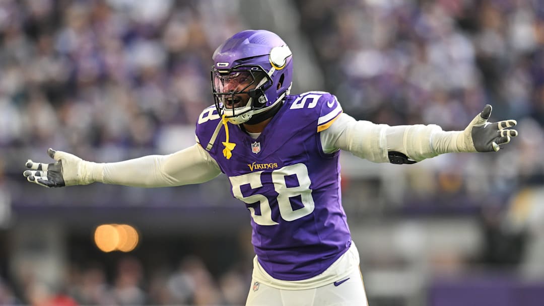 Dec 1, 2024; Minneapolis, Minnesota, USA; Minnesota Vikings linebacker Jonathan Greenard (58) reacts during the second quarter against the Arizona Cardinals at U.S. Bank Stadium. Mandatory Credit: Jeffrey Becker-Imagn Images