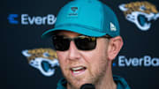 Jacksonville Jaguars head coach Liam Coen talks during a press conference after practice during an NFL training camp fifth session at the Miller Electric Center, Monday, July 28, 2025, in Jacksonville, Fla. [Doug Engle/Florida Times-Union]