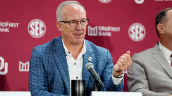 SEC commissioner Greg Sankey talks during a press conference before a celebration for OU joining the Southeastern Conference in Norman, Okla., Monday, July 1, 2024.