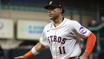 Apr 20, 2025; Houston, Texas, USA; Houston Astros right fielder Cam Smith (11) runs in from the outfield after making the third out against the San Diego Padres to end the top of the fifth inning at Daikin Park.