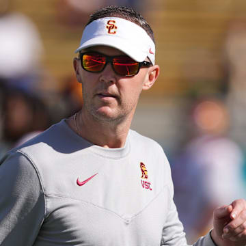 Oct 28, 2023; Berkeley, California, USA; USC Trojans head coach Lincoln Riley before the game against the California Golden Bears at California Memorial Stadium. Mandatory Credit: Darren Yamashita-Imagn Images