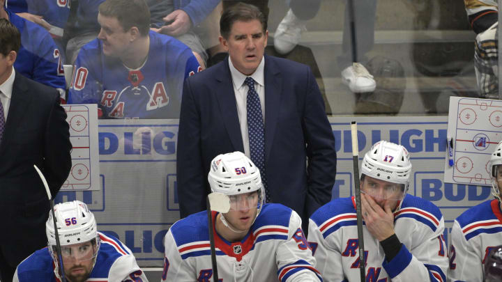 Jan 21, 2024; Anaheim, California, USA; New York Rangers head coach Peter Laviolette looks on from the bench in the second period against the Anaheim Ducks at Honda Center. Mandatory Credit: Jayne Kamin-Oncea-USA TODAY Sports