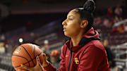 Feb 8, 2025; Los Angeles, California, USA; USC Trojans guard JuJu Watkins during pregame warmups before playing the Ohio State Buckeyes  at Galen Center. Mandatory Credit: Robert Hanashiro-Imagn Images
