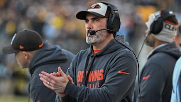 Dec 8, 2024; Pittsburgh, Pennsylvania, USA; Cleveland Browns head coach Kevin Stefanski reacts against the Pittsburgh Steelers during the fourth quarter at Acrisure Stadium. Mandatory Credit: Barry Reeger-Imagn Images